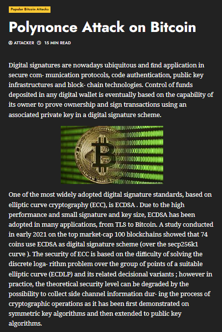 POLYNONCE ATTACK use BITCOIN signatures as a polynomial to an arbitrarily high power of 128 bits to obtain a private key